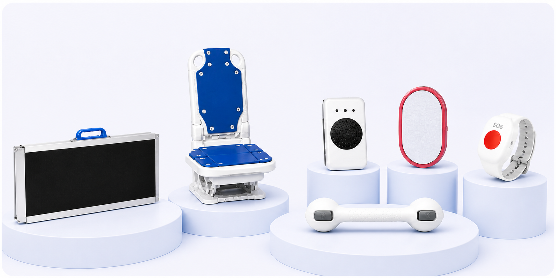 Aménagement et sécurité pour mobilité avec rampe d’accès, barre d’appui, système d’alerte et équipements adaptés