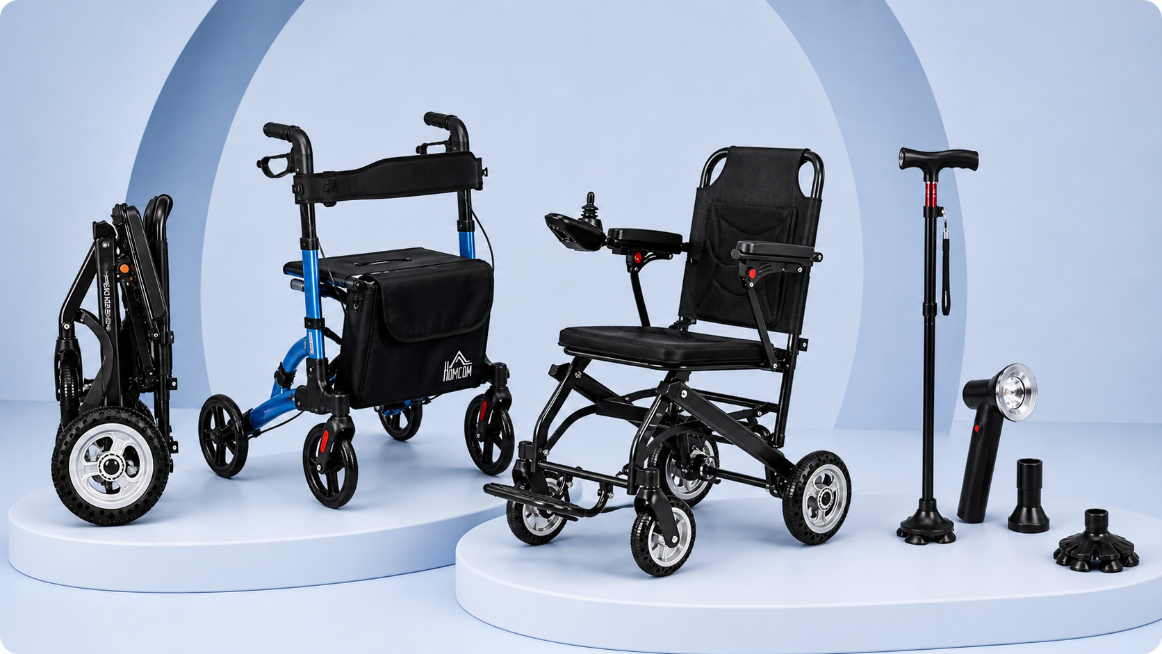 Fauteuil roulant électrique, déambulateur, canne de marche et accessoires de mobilité pour faciliter les déplacements au quotidien