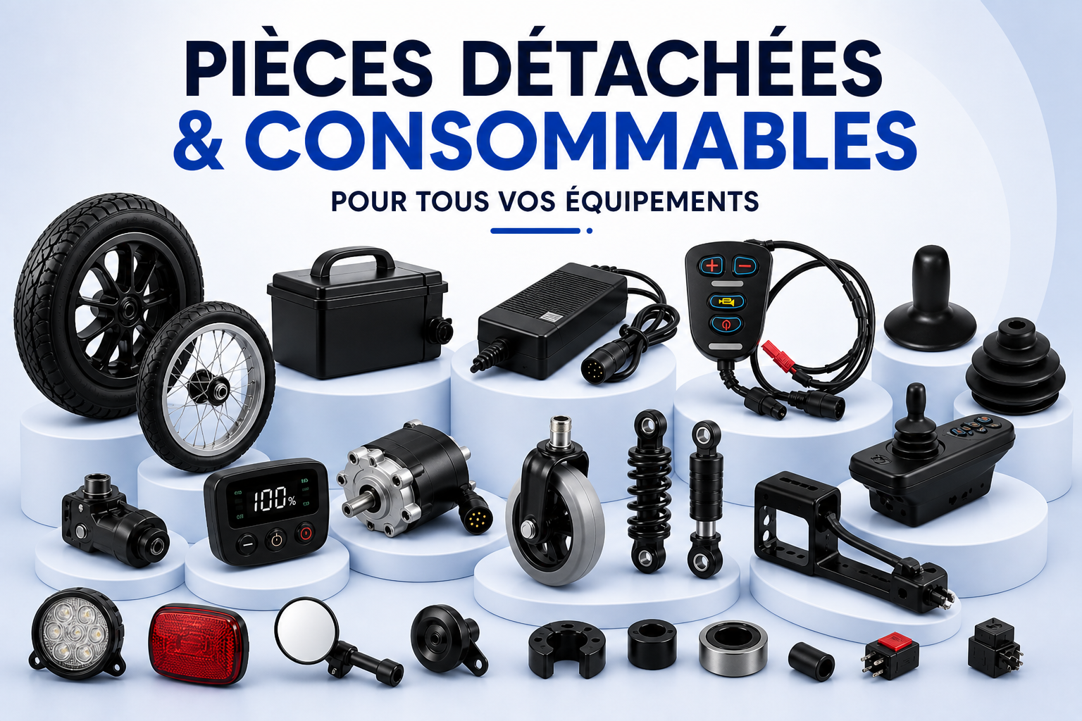 Pièces détachées et consommables pour fauteuil roulant et équipements de mobilité : roues, chambres à air, joystick, chargeur et accessoires de réparation