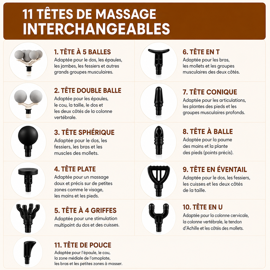 Pistolet de massage avec 11 embouts interchangeables pour différentes zones du corps