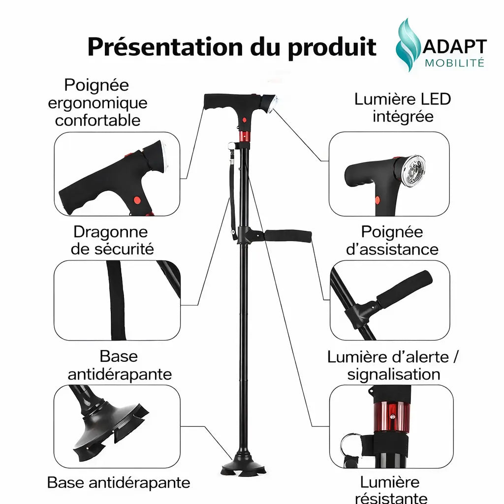 Canne de Marche Pliable avec LED & Alarme – Stable, Ergonomique et Sécurisée ADAPT MOBILITE