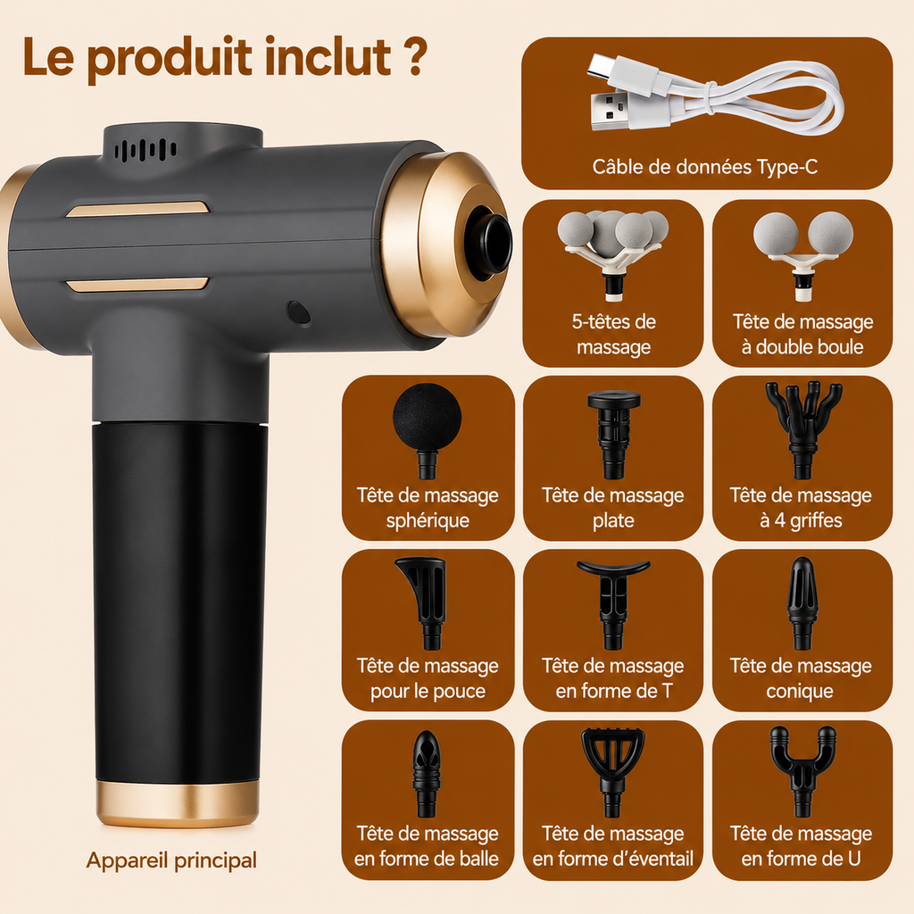 Pistolet de massage avec 11 embouts et câble USB Type-C