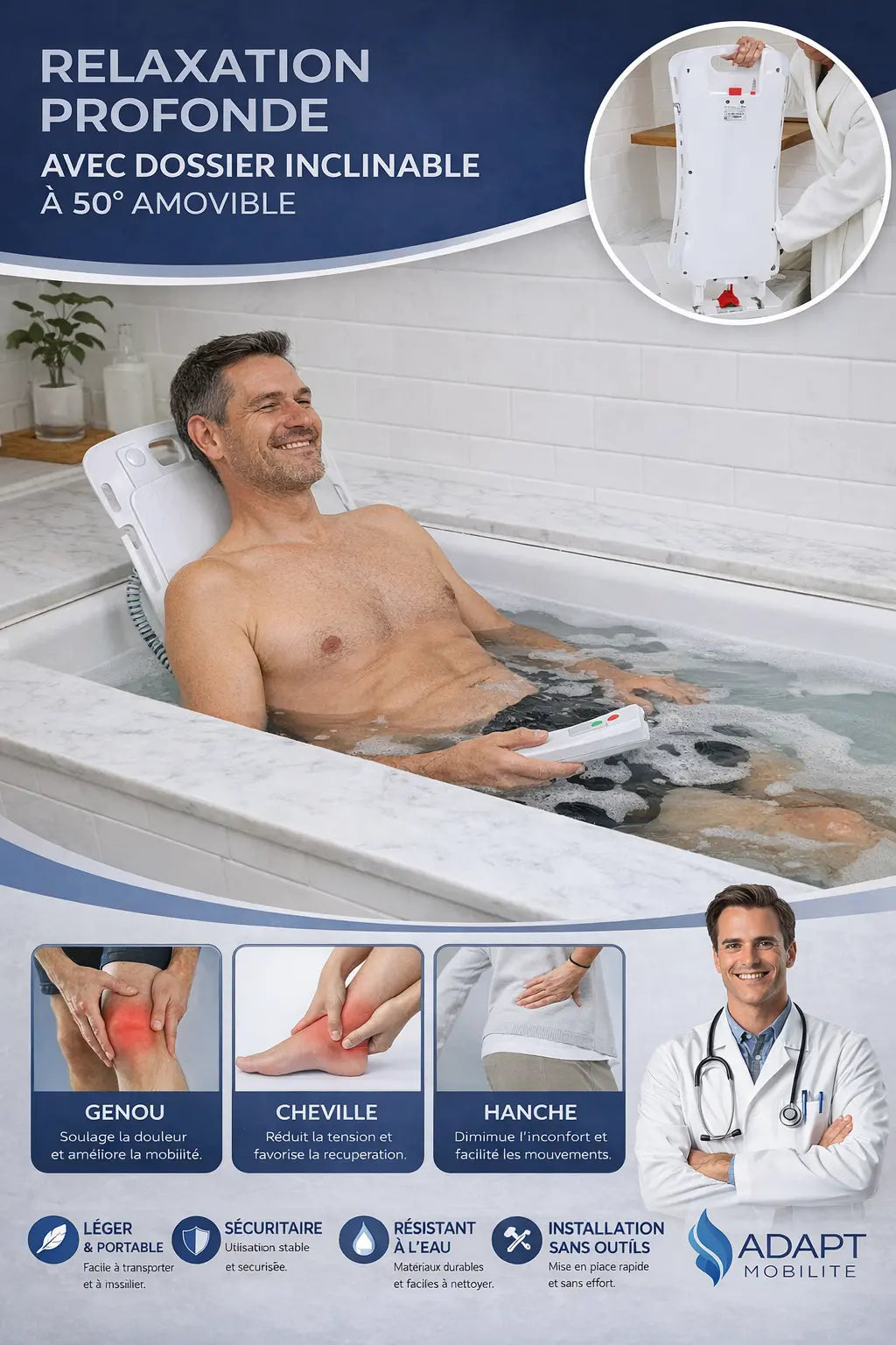 Siège élévateur de bain électrique pliable ADAPT MOBILITE