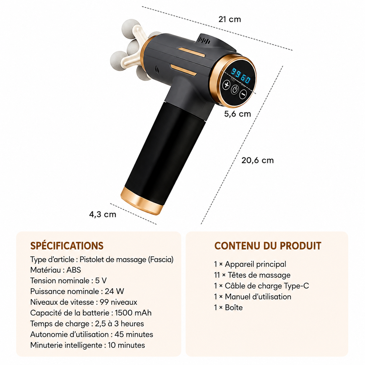 Dimensions et caractéristiques du pistolet de massage musculaire