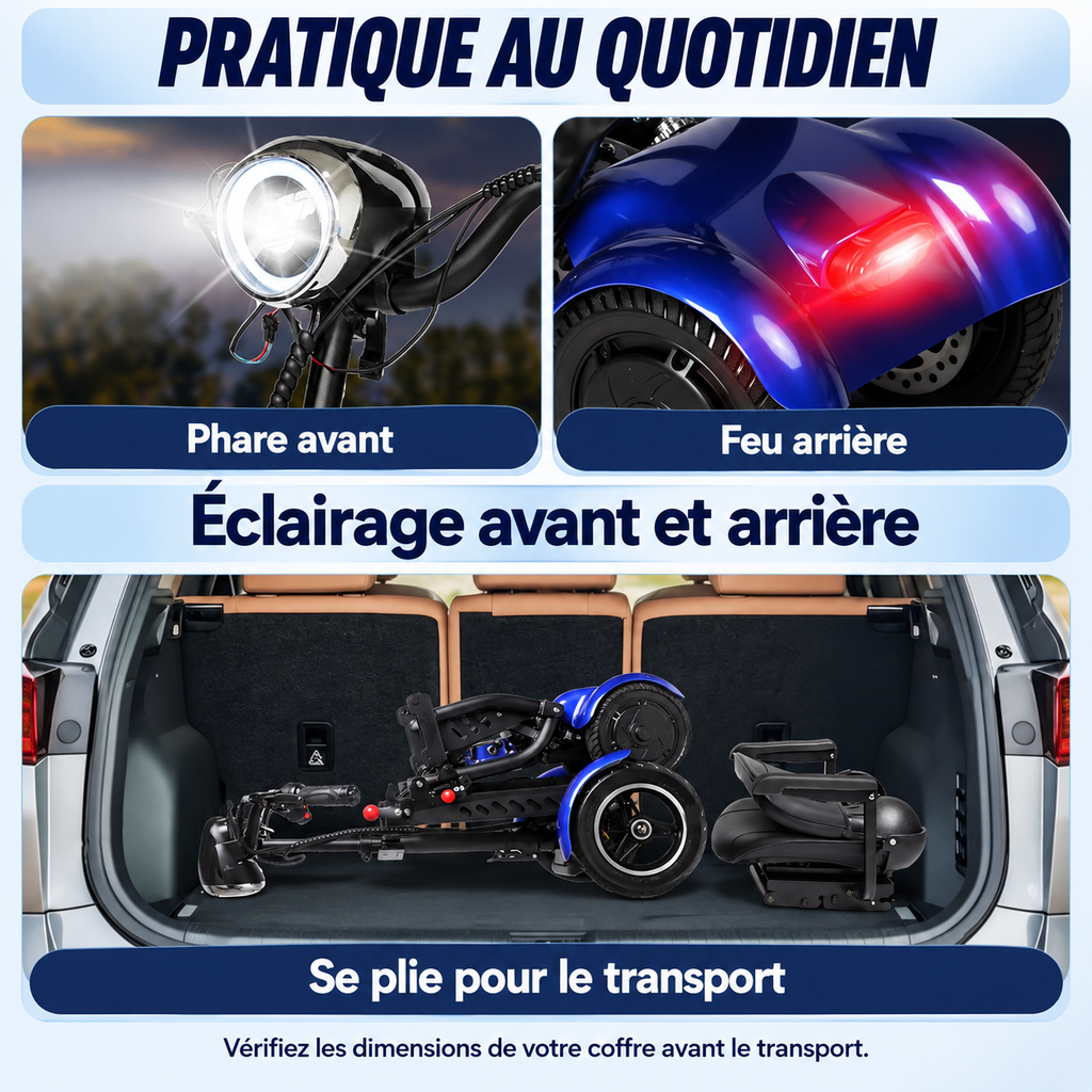 Dimensions du scooter L3 déplié et plié, siège replié, batterie lithium et poids annoncé de 36 kg.
