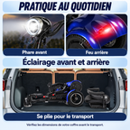 Dimensions du scooter L3 déplié et plié, siège replié, batterie lithium et poids annoncé de 36 kg.