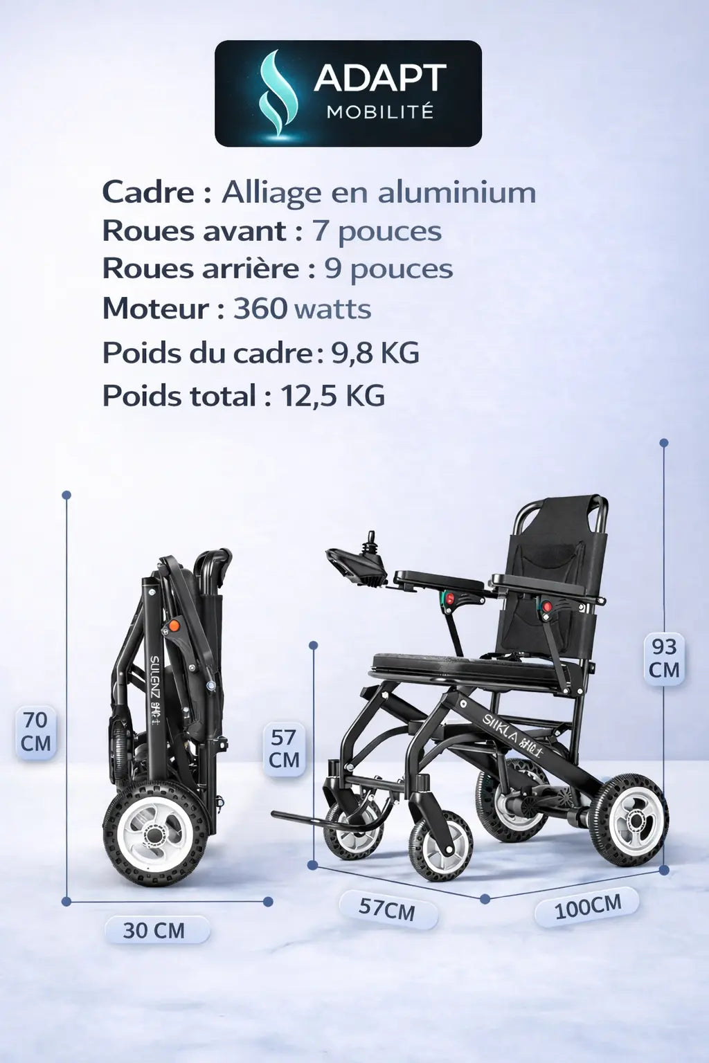 Fauteuil roulant électrique pliant ultra léger – 9,8 kg ADAPT MOBILITE
