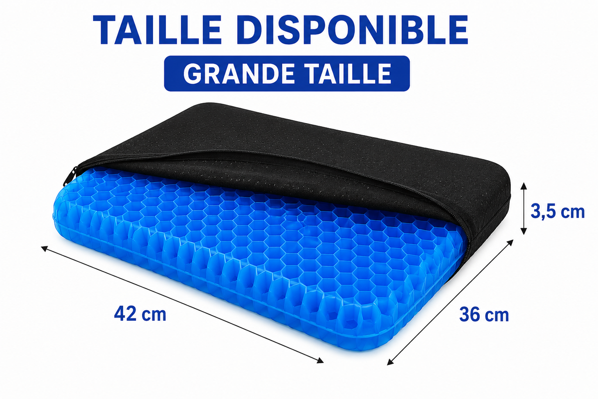Coussin d’assise en gel grande taille 42 × 36 × 3,5 cm avec housse