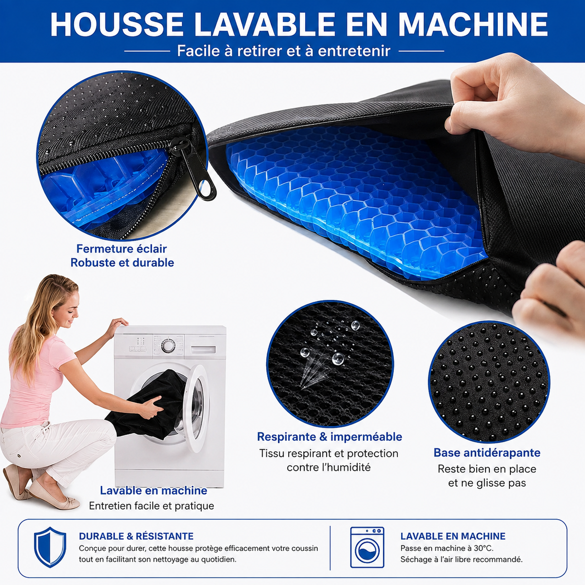 Coussin en gel bleu avec housse noire amovible et lavable