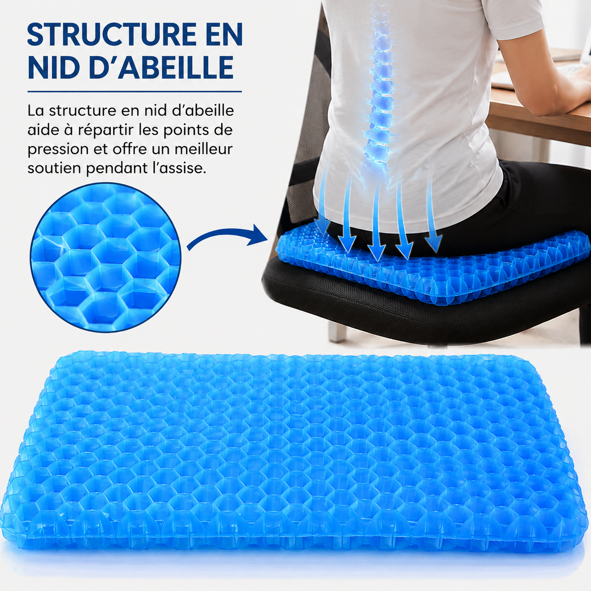 Coussin d’assise en gel bleu respirant avec housse noire