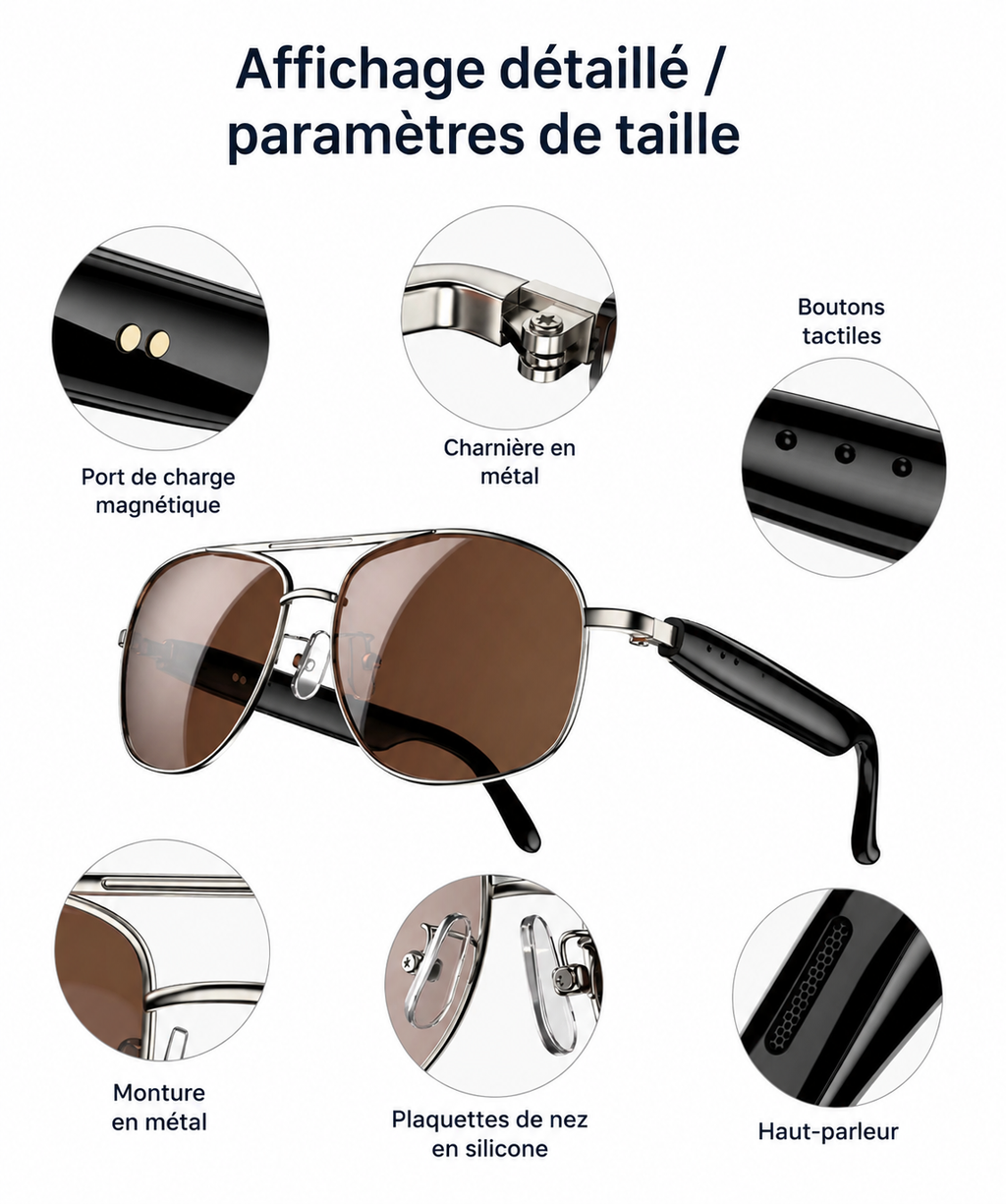 Lunettes connectées avec étui, câble de charge et accessoires
