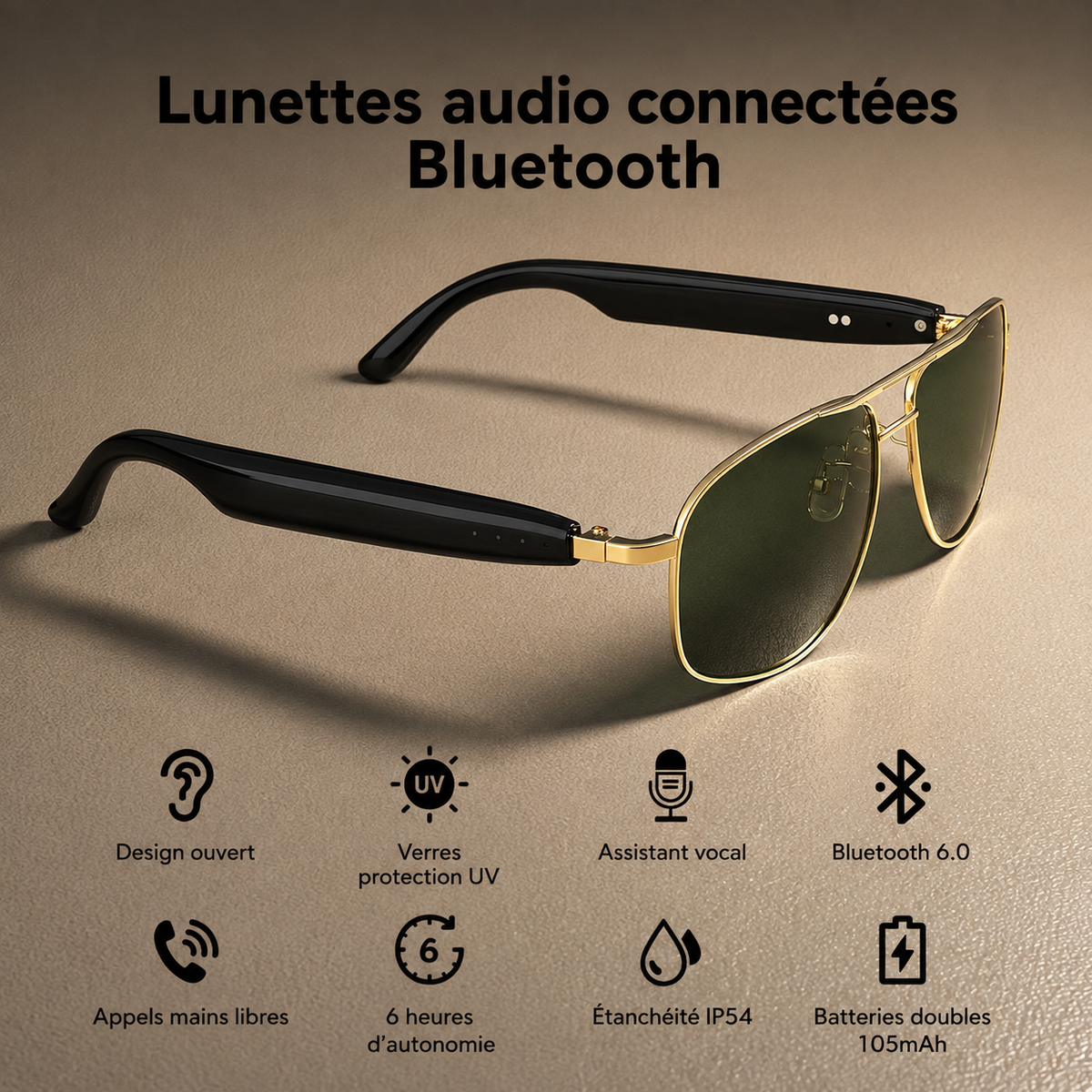 Lunettes connectées audio Bluetooth avec verres solaires