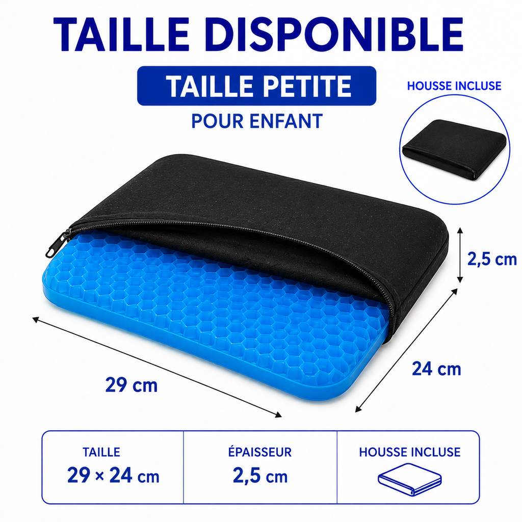 Coussin d’assise en gel taille enfant 29 × 24 × 2,5 cm avec housse