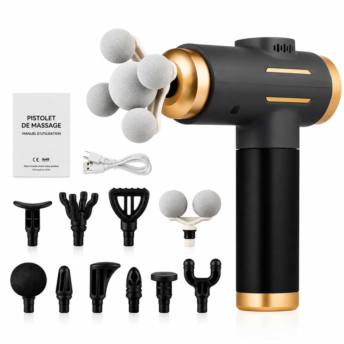 Pistolet de massage noir avec 11 embouts interchangeables