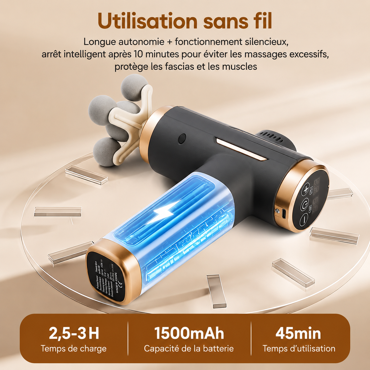 Pistolet de massage sans fil avec batterie rechargeable 1500 mAh