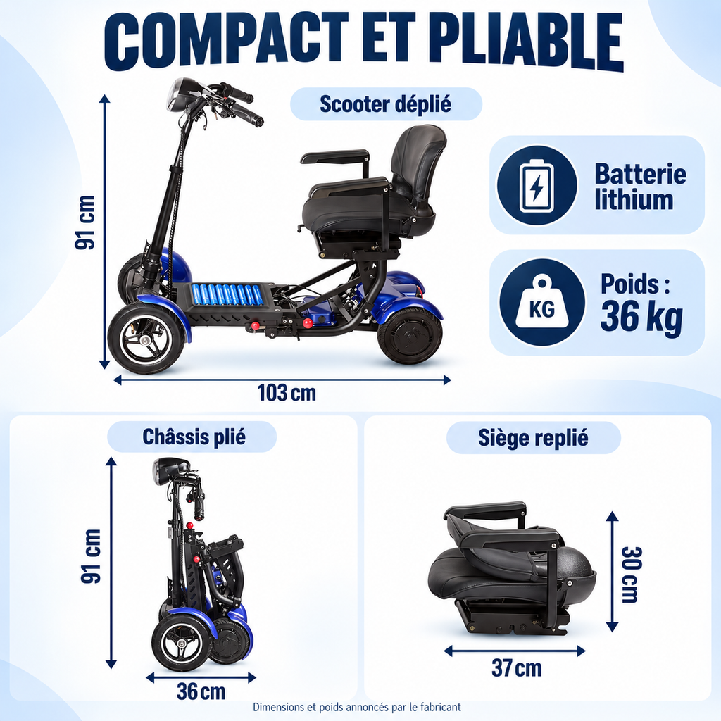 Scooter L3 avec rangement avant, freinage électromagnétique, batterie lithium 36 V 18 Ah, deux moteurs de 250 W et double suspension.