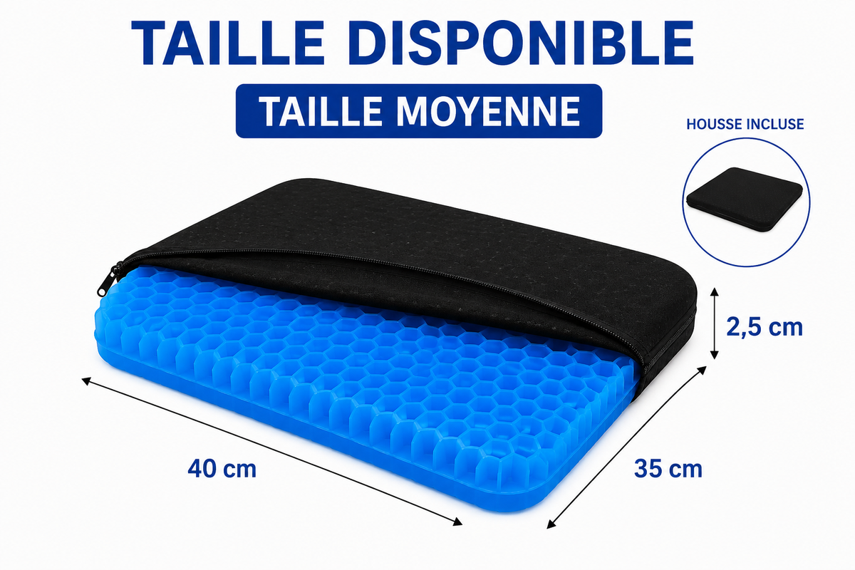 Coussin d’assise en gel taille moyenne 40 × 35 × 2,5 cm avec housse