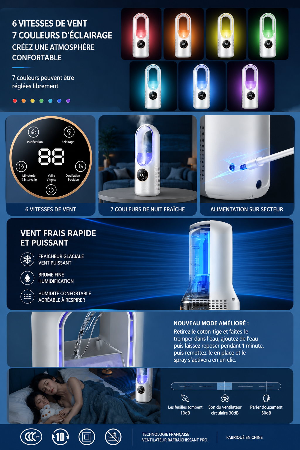 Ventilateur rafraîchisseur d'air portable avec écran LED et éclairage coloré