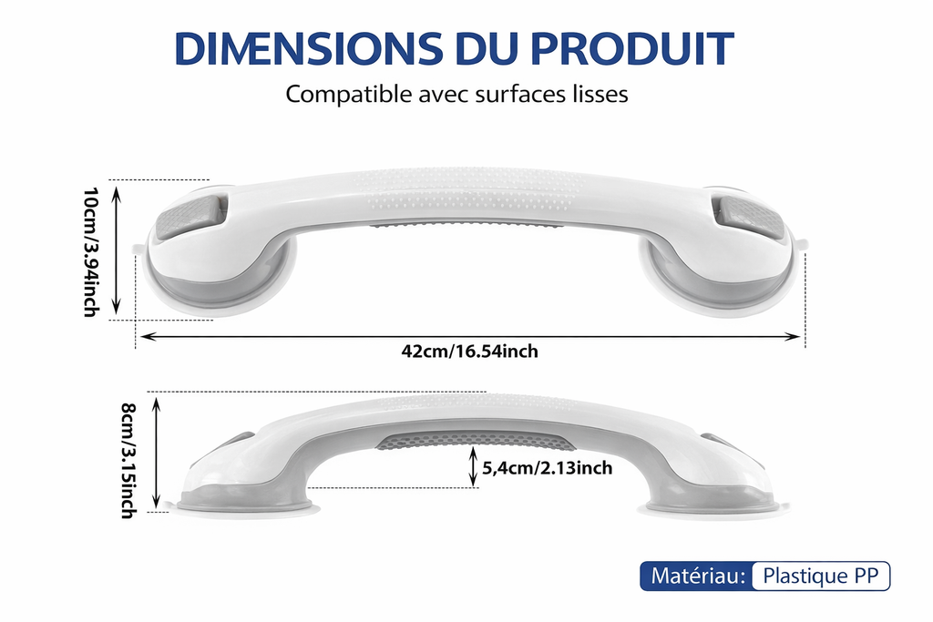Dimensions barre d’appui douche ventouse 42 cm sans perçage sécurité salle de bain ADAPT Mobilité