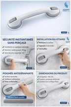 Dimensions barre d’appui douche ventouse 42 cm sans perçage sécurité salle de bain ADAPT Mobilité