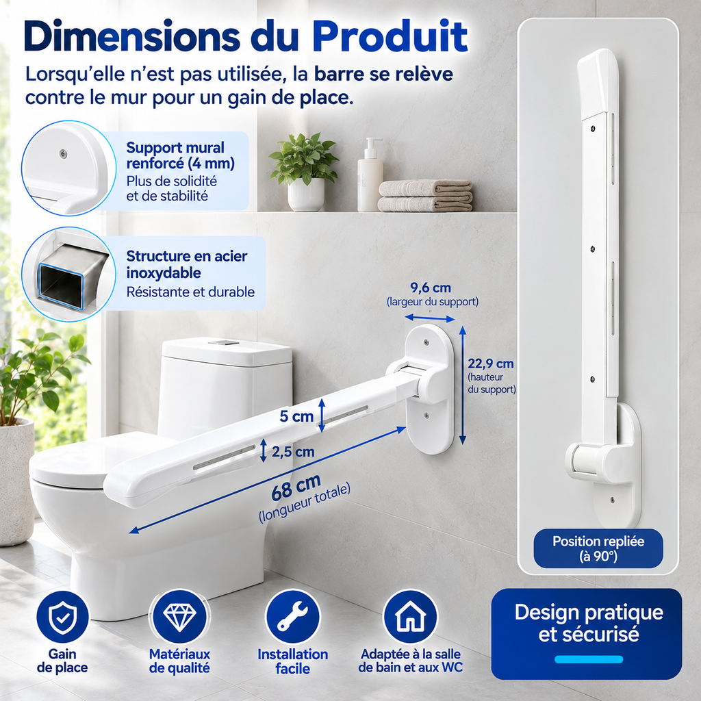 Barre d’appui murale rabattable 68 cm avec dimensions et support renforcé