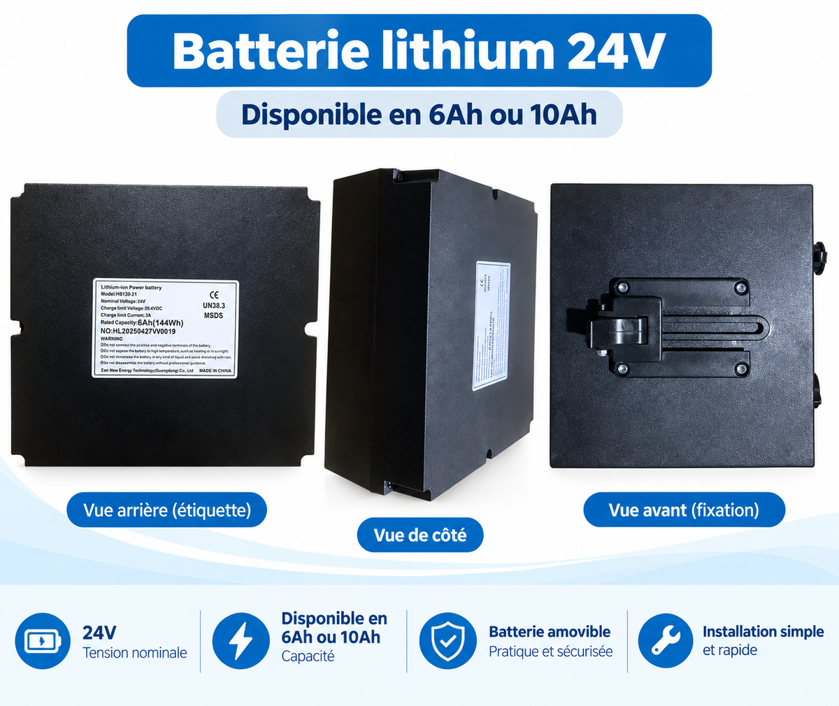 Batterie lithium 24V pour fauteuil électrique avec système de fixation amovible