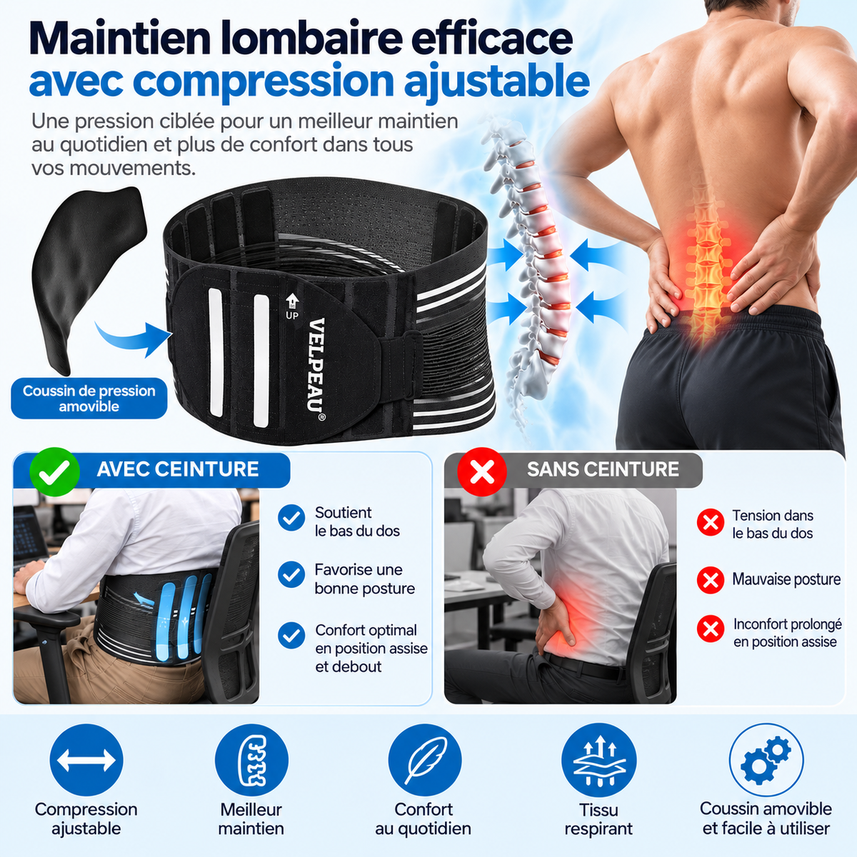Détails de la ceinture lombaire renforcée avec matière respirante et fermeture auto-agrippante