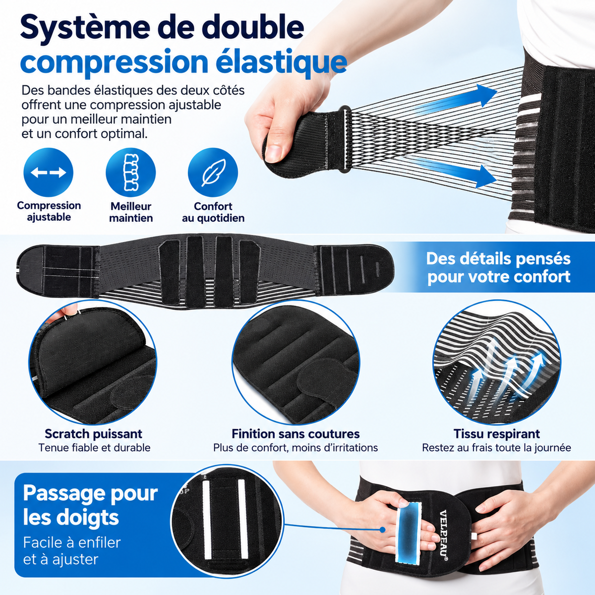 Ceinture lombaire avec bandes élastiques réglables pour ajuster le niveau de maintien