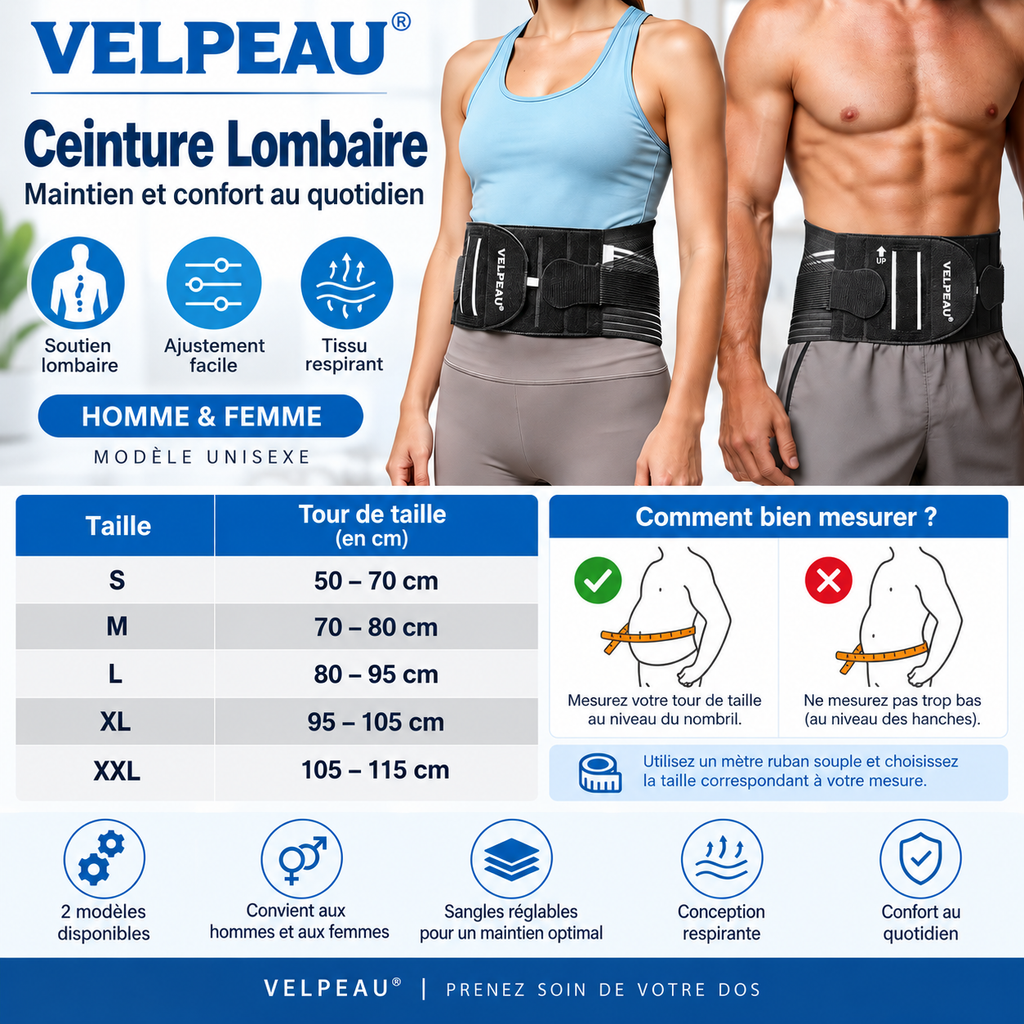 Ceinture de soutien lombaire modèle renforcé avec double système de maintien réglable