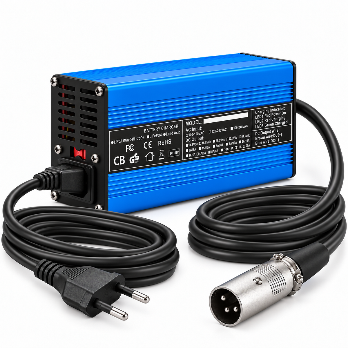 Chargeur 24V 8A avec prise secteur européenne et connecteur XLR mâle à 3 broches, câbles longs