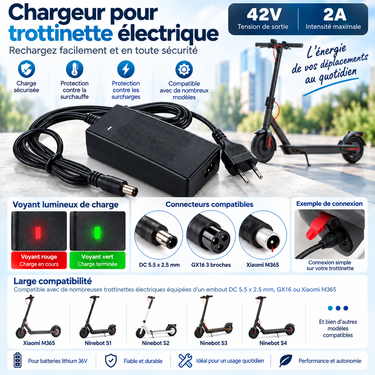Chargeur 42V 2A pour batterie lithium 36V de trottinette électrique
