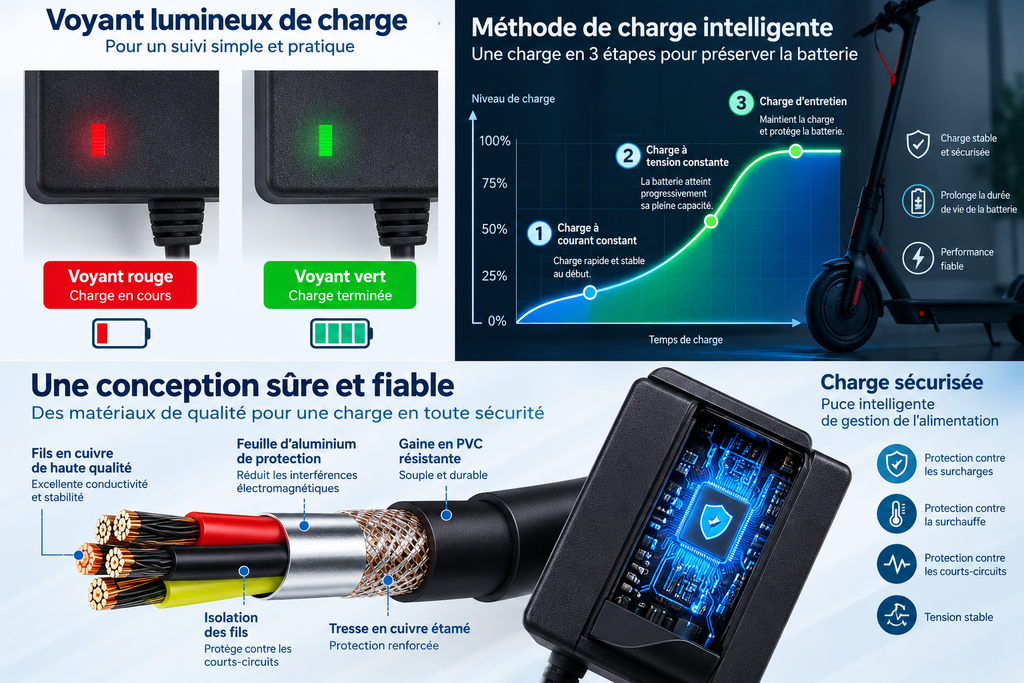 Voyant LED rouge pendant la charge et vert lorsque la charge est terminée