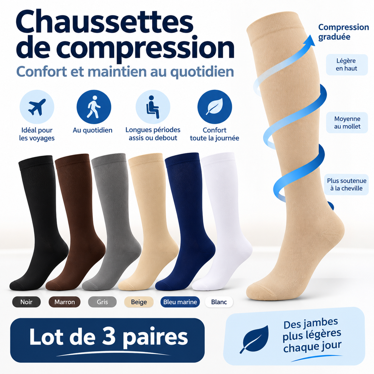 Chaussettes de contention et compression confort en lot de 3 paires