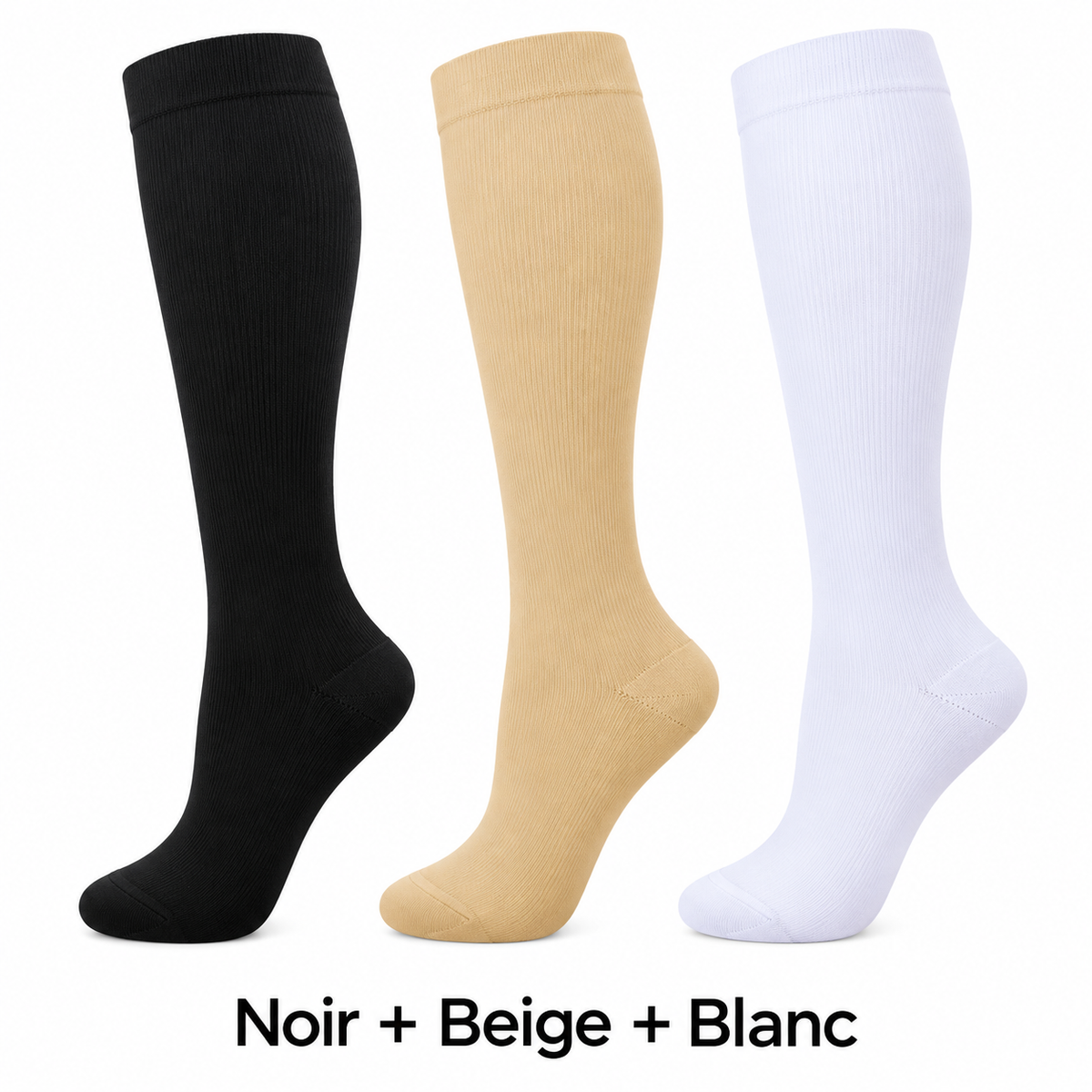 Lot de 3 paires de chaussettes de contention noir, beige et blanc