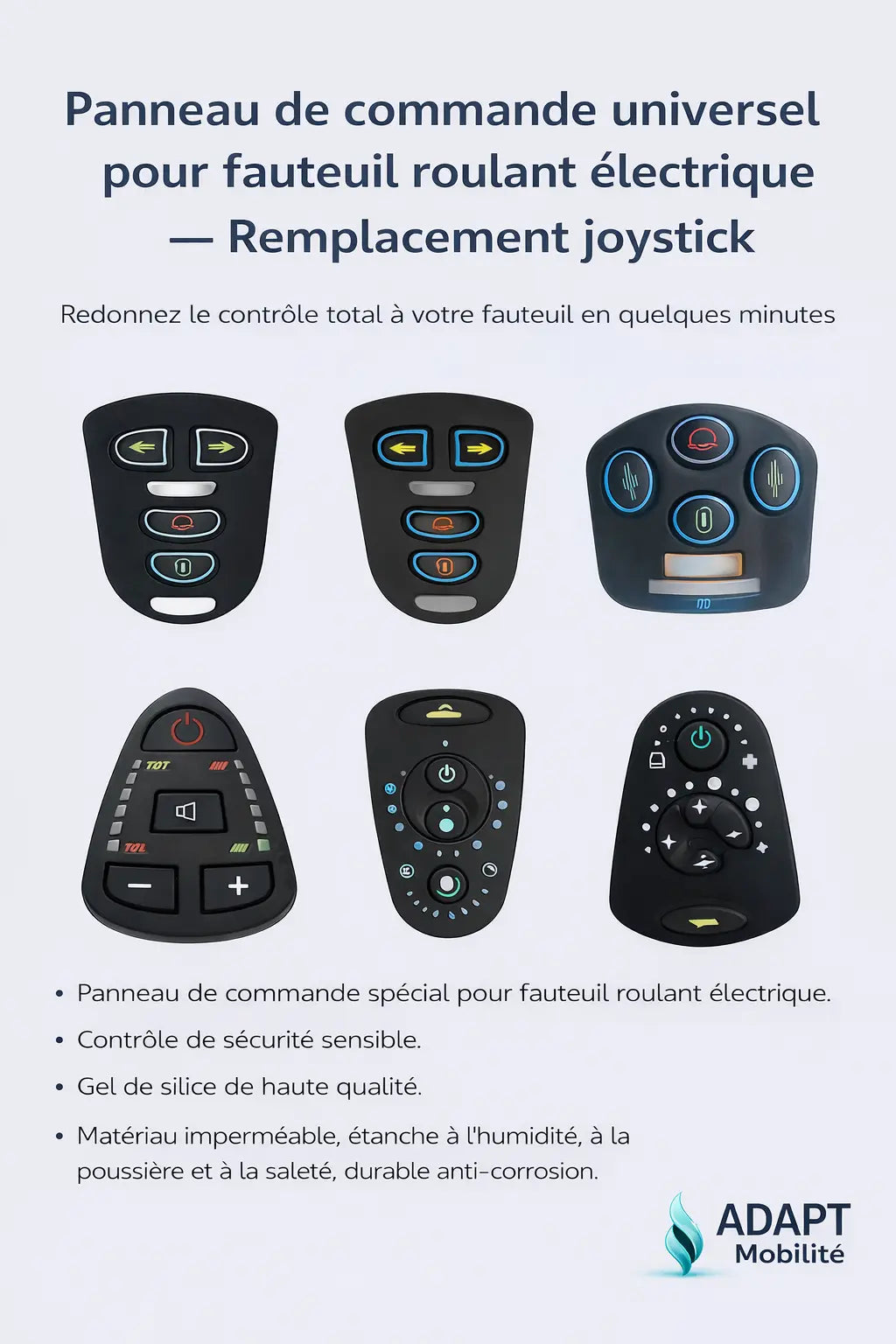 Panneau de commande joystick fauteuil roulant électrique – Adhésif 3M haute résistance ADAPT MOBILITE