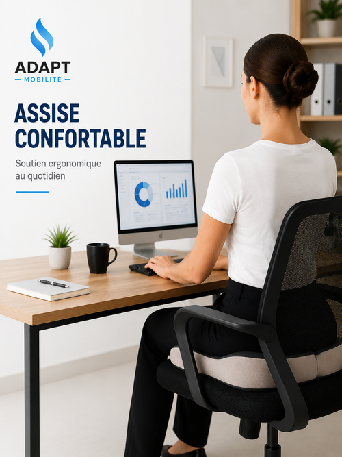 Personne assise devant un ordinateur utilisant un coussin ergonomique ADAPT Mobilité pour améliorer le confort et la posture au bureau