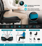 Personne assise sur un coussin ergonomique en gel améliorant le confort, la posture et réduisant la pression sur les hanches et le coccyx