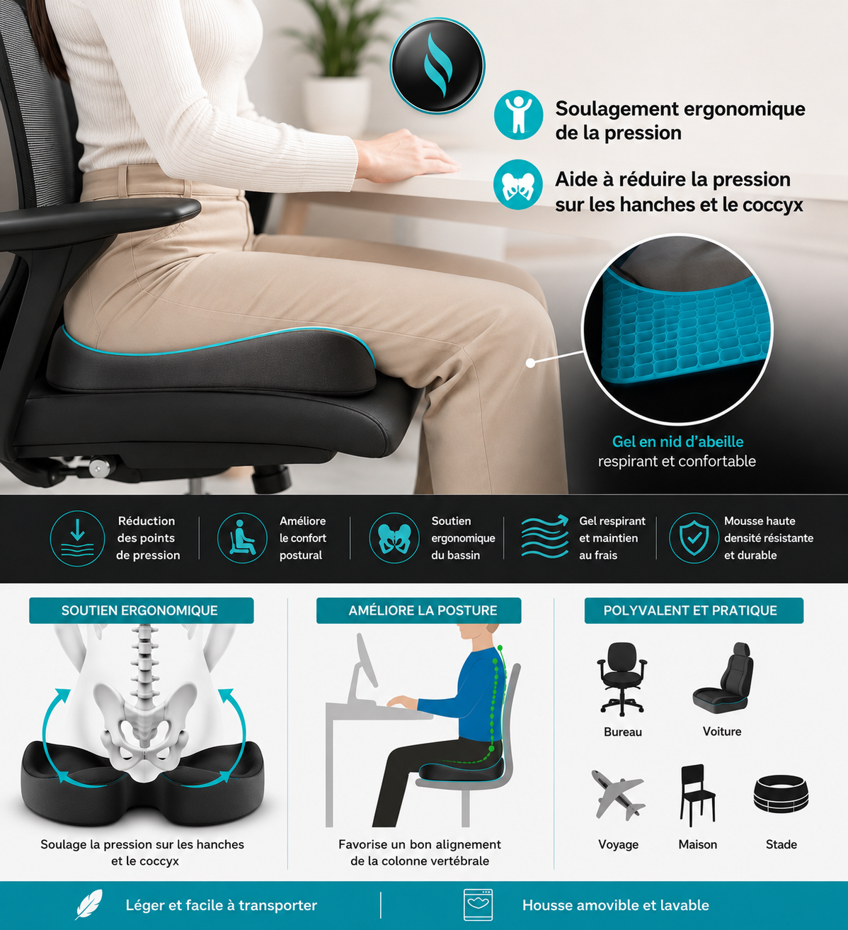 Personne assise sur un coussin ergonomique en gel améliorant le confort, la posture et réduisant la pression sur les hanches et le coccyx