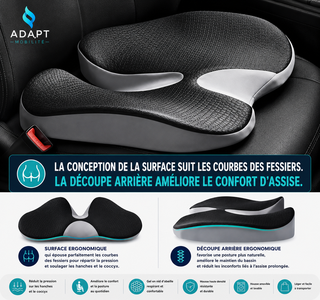 Coussin ergonomique noir et gris ADAPT Mobilité avec soutien du bassin et réduction des points de pression pour voiture et bureau