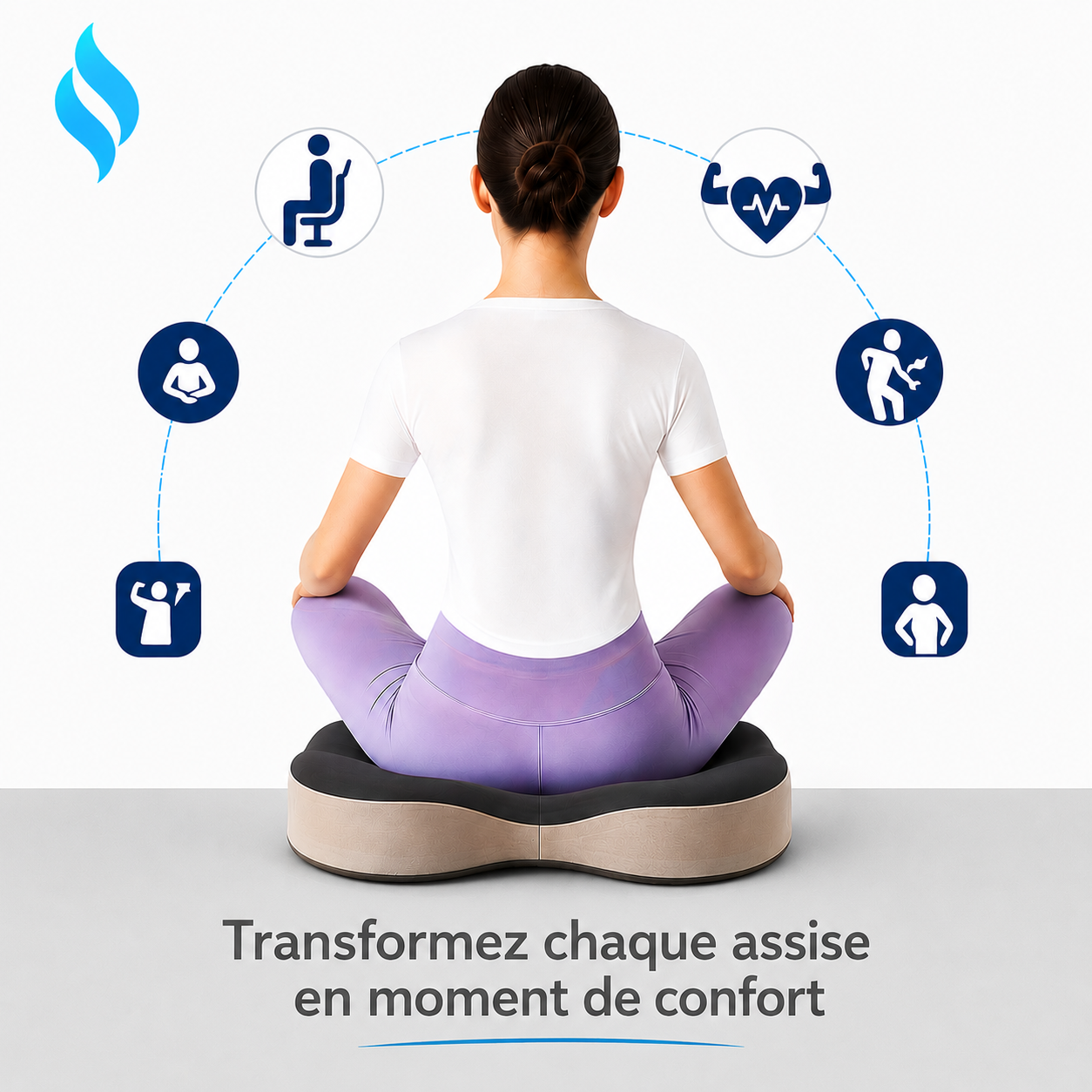 Femme assise sur un coussin ergonomique ADAPT Mobilité avec design confort et soutien postural au quotidien