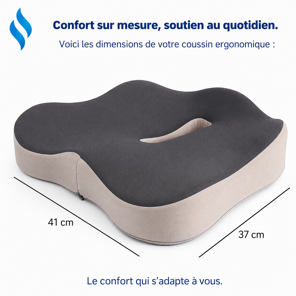 Coussin ergonomique mémoire de forme avec dimensions 41 cm x 37 cm et design confort pour une meilleure posture assise