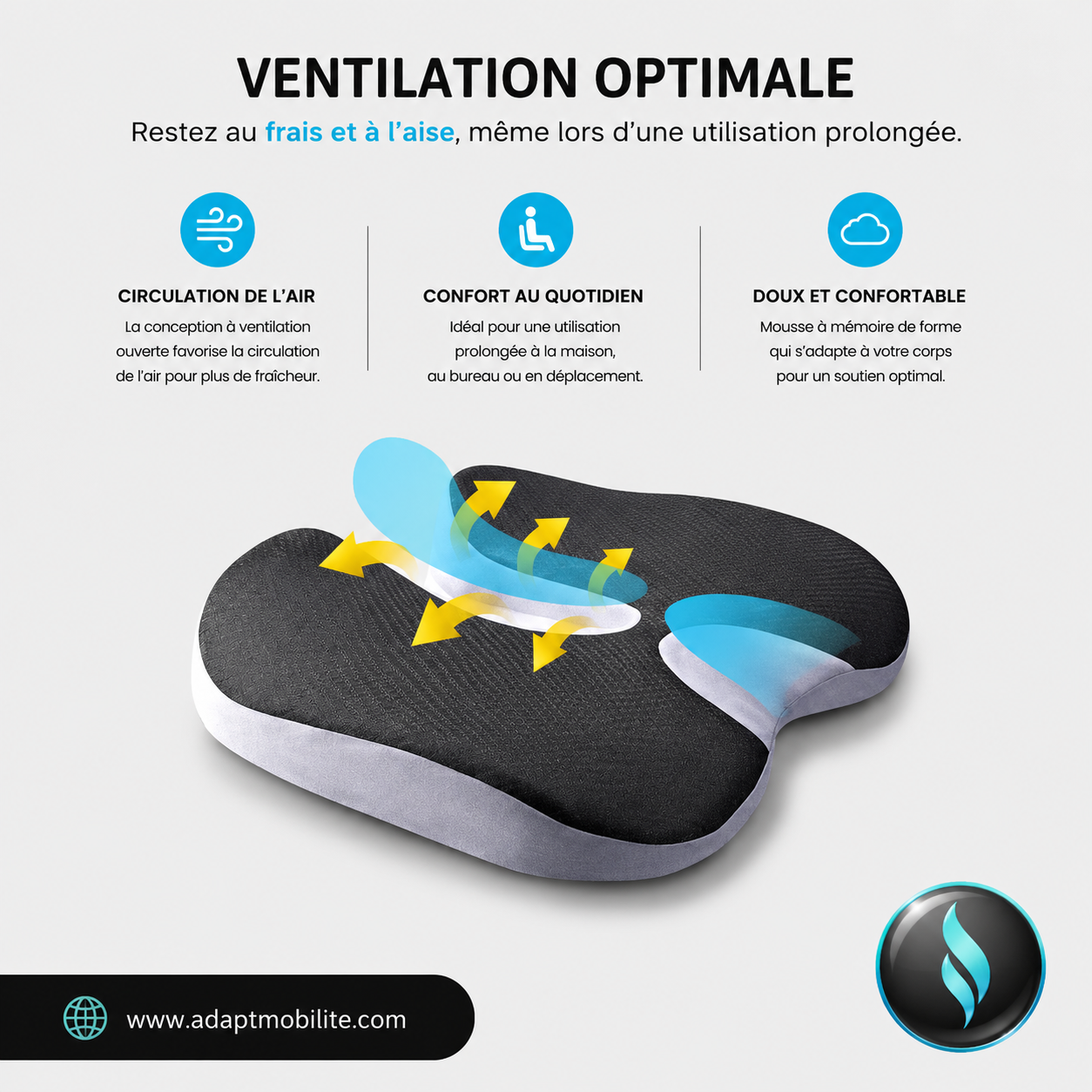 Coussin ergonomique à mémoire de forme avec ventilation optimale, idéal pour améliorer le confort d’assise en voiture, au bureau ou à la maison.