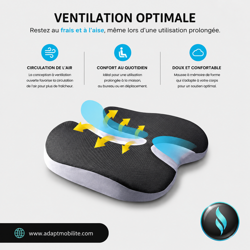 Coussin ergonomique à mémoire de forme avec ventilation optimale, idéal pour améliorer le confort d’assise en voiture, au bureau ou à la maison.
