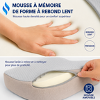 Coussin ergonomique mémoire de forme avec mousse haute densité à rebond lent et housse amovible lavable