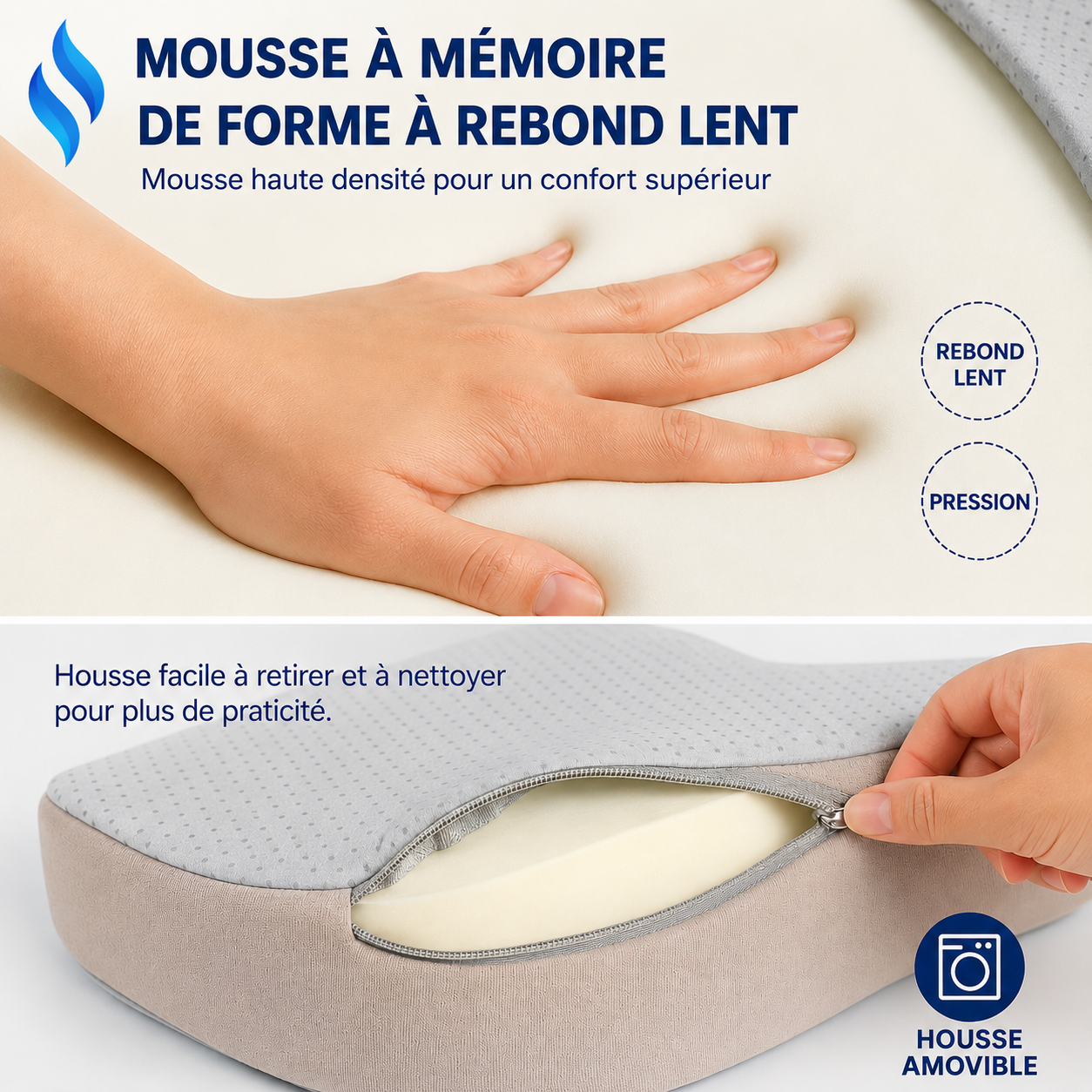 Coussin ergonomique mémoire de forme avec mousse haute densité à rebond lent et housse amovible lavable