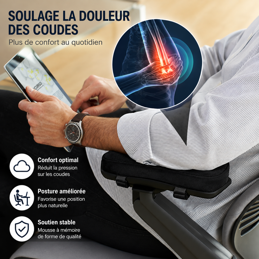 Coussin d’accoudoir en mousse à mémoire de forme offrant un soutien confortable pour le coude et l’avant-bras.