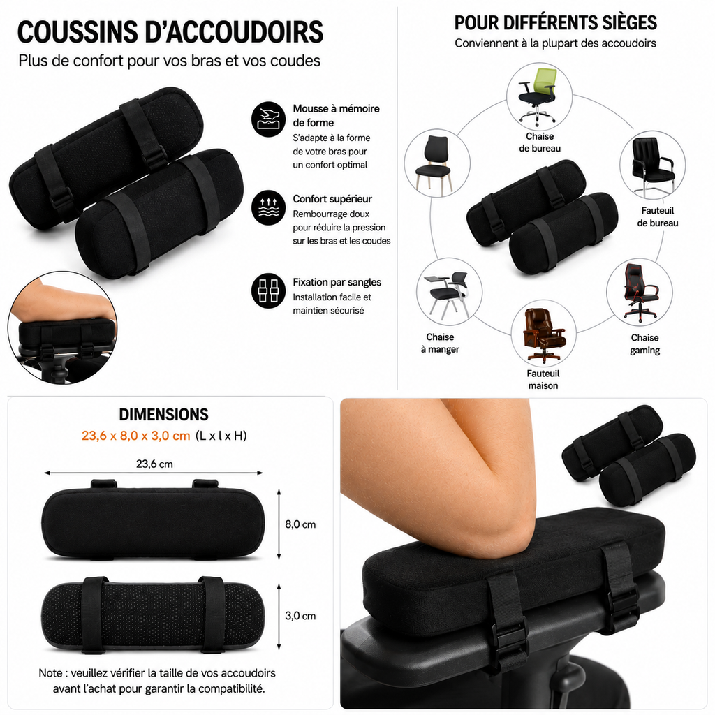 Coussin d’accoudoir ergonomique avec dimensions détaillées, conçu pour améliorer le confort des bras et des coudes.