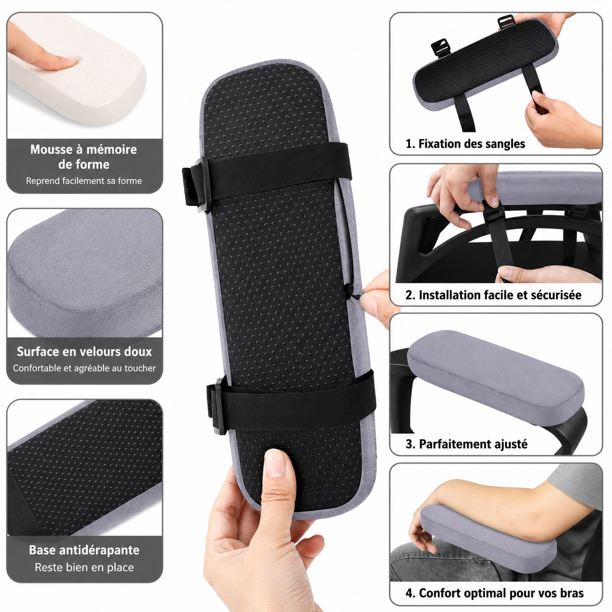Vue de la surface antidérapante et du revêtement doux du coussin d’accoudoir ergonomique.