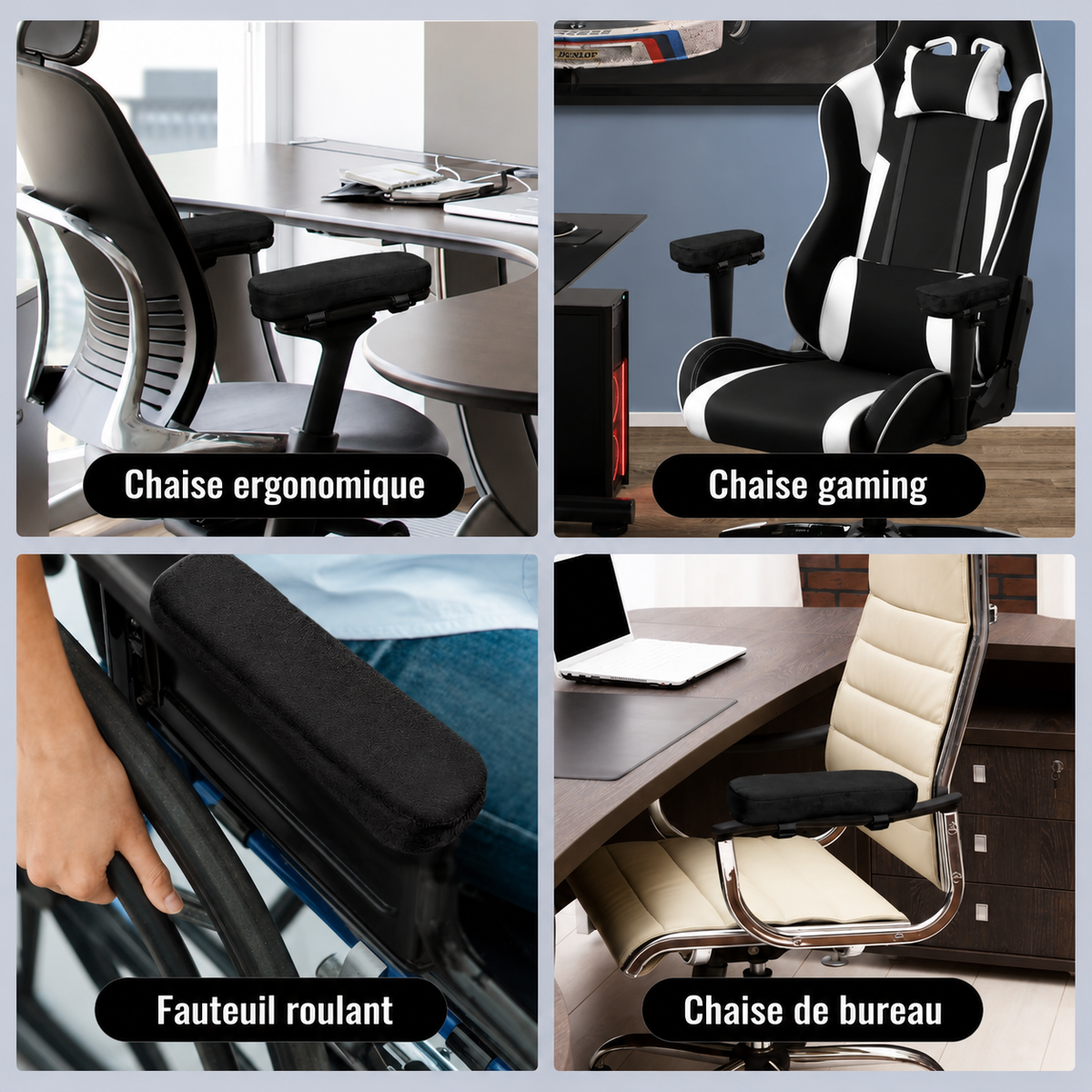 Coussin d’accoudoir adaptable pour fauteuil roulant, chaise de bureau, chaise ergonomique ou fauteuil gaming.