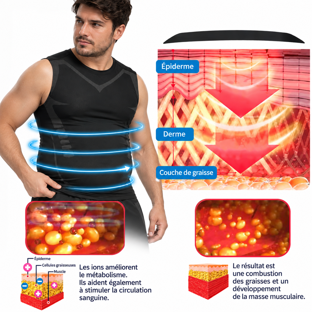 Débardeur de compression homme avec présentation de la technologie ionique annoncée par le fabricant